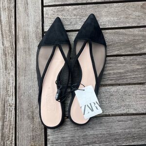 NWT Zara Black Mesh Pointed Suede Flats